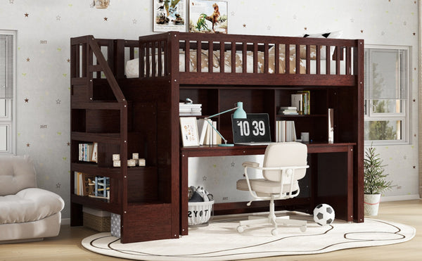 English Elm Twin Loft Bed with Movable Desk Open Shelving and Storage Stairs in Espresso W1580S00336