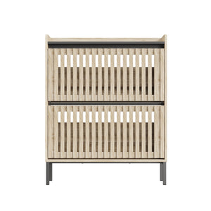 English Elm Fluted,2 Teak & Black Flip Shoe Cabinet with Fenced-Element Doors, Compact Multi-Layer Entryway Storage Solution W2673P209455