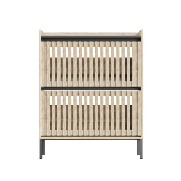 English Elm Fluted,2 Teak & Black Flip Shoe Cabinet with Fenced-Element Doors, Compact Multi-Layer Entryway Storage Solution W2673P209455