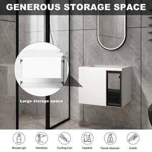 English Elm 24" Floating Bathroom Vanity Glossy White Plywood Cabinet with Grey Glass Doors W999P387157