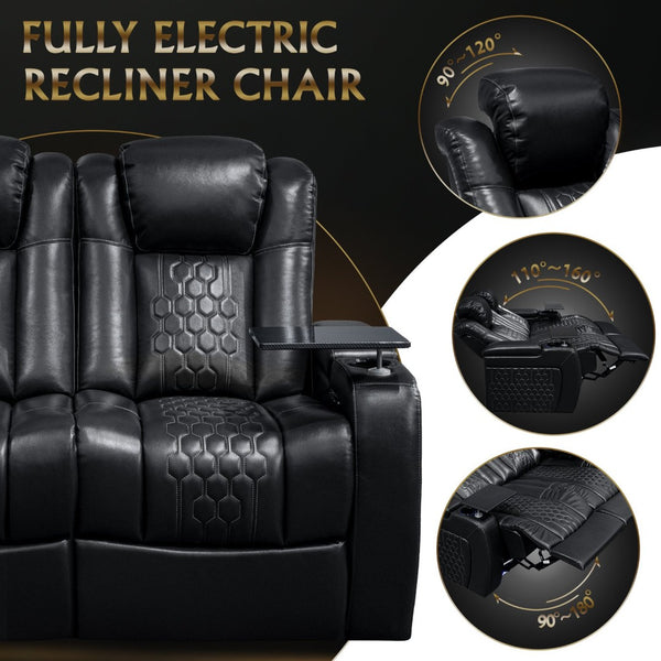 English Elm 62.2"power Recliner Set of 2 Top-grain Nappa Leather Home Theater Seating with Rgb Led Black W3819S00089