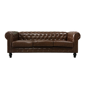 English Elm FX-P80P-PU3(SOFA) Elegant Button-Tufted 3-Seat PU Chesterfield Sofa with Removable Washable Cushions, Solid Wood Legs W576S00159