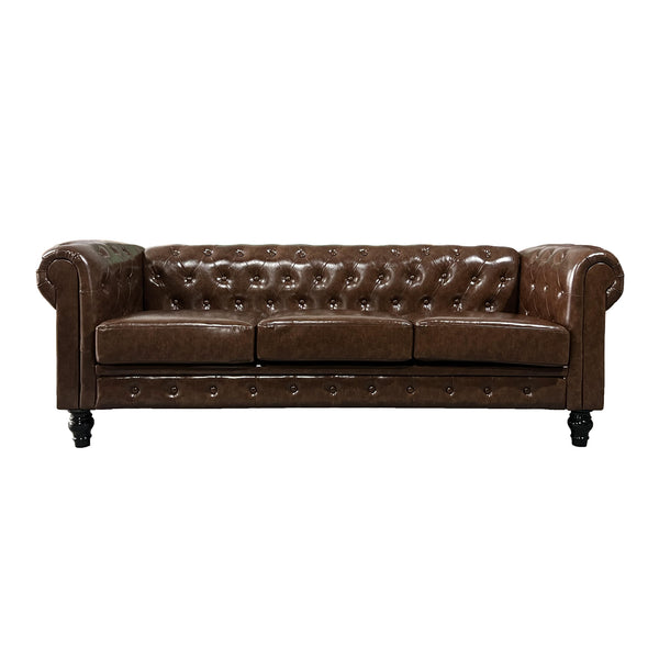 English Elm FX-P80P-PU3(SOFA) Elegant Button-Tufted 3-Seat PU Chesterfield Sofa with Removable Washable Cushions, Solid Wood Legs W576S00159