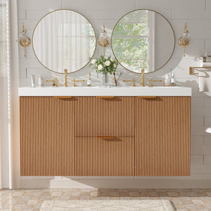 English Elm [video]47.24 Inch Floating Double Sink Vanity Mdf Cabinet Gold Handles Modern Bath N729P000025N