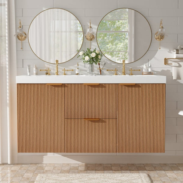 English Elm [video]47.24 Inch Floating Double Sink Vanity Mdf Cabinet Gold Handles Modern Bath N729P000025N