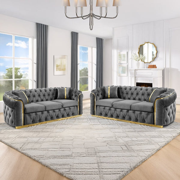 English Elm 2pcs Italian Velvet Chesterfield Sofa Set Tufted Three Seater with Gold Steel Legs Gray W1191S00070