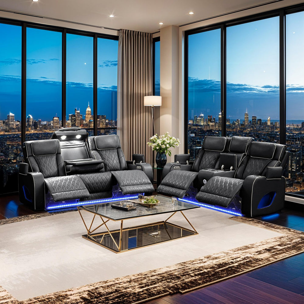 English Elm Fortuner 2PC Living Room Set with Power Recline, LED Lighting, Massage, Bluetooth Speakers, USB Charging Black B009S01499