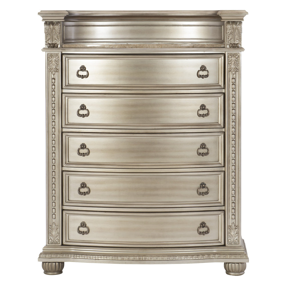 English Elm Silver Luxury Cavalier 5-Drawer Chest with Genuine Marble Top, Silver Finish & Ornate European Carvings B011P366065