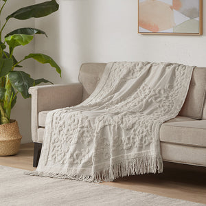 JLA Home Madison Park - 100% Cotton Tufted Chenille Throw with Fringe Tassel — Lightweight, Breathable Boho Layering Accent Grey MP50N-5512