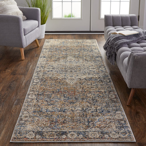 Feizy Rugs Kaia Luxurious Low Pile Area Rug – Soft, Durable Medallion Design Perfect For High Traffic Spaces Tan,Orange,Blue Polypropylene,Viscose,Polyester Kai39gmfmlt000i31