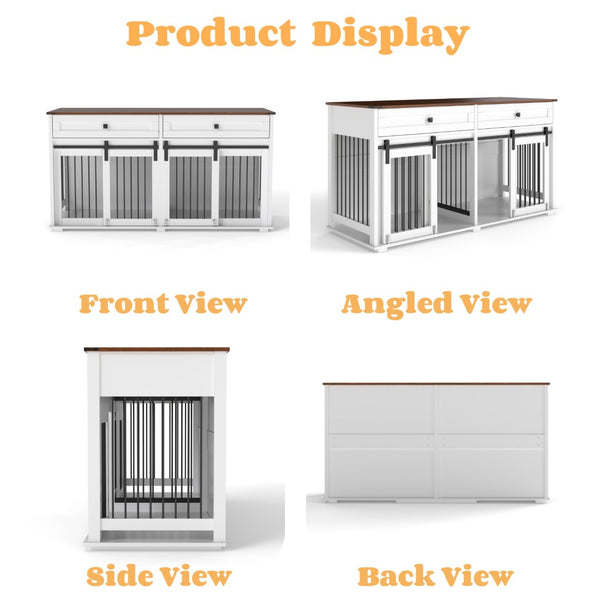 English Elm 63'' Farmhouse Double Dog Crate Furniture with Wood Grain Mdf Build and Storage Drawers W2557P231672