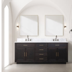 English Elm Black Oak Double Bath Vanity Set With Carrara Marble Top & Frameless Mirrors For Modern Bathrooms B2731S02143