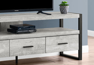 English Elm Tv Stand Rustic Reclaimed-Look 60 Inch Media Console with Open Shelf, 3 Metal Glide Drawers, Sturdy Frame Grey 61 L x 19 W x 8 H B2710P219135