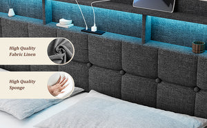 English Elm King LED Linen Platform Bed with Headboard Storage, 2 Drawers, Fast Charging & Mood Lights W1550P190363