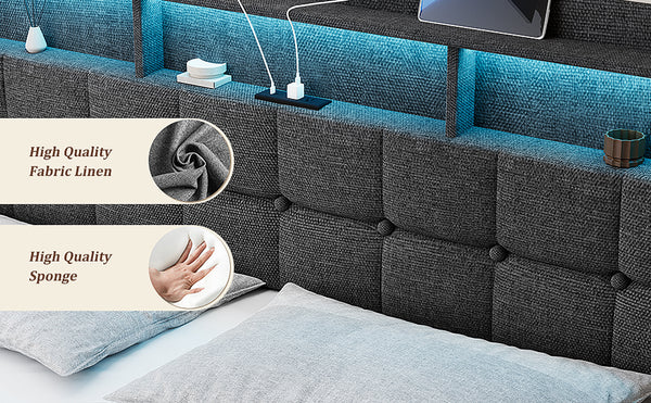 English Elm King LED Linen Platform Bed with Headboard Storage, 2 Drawers, Fast Charging & Mood Lights W1550P190363