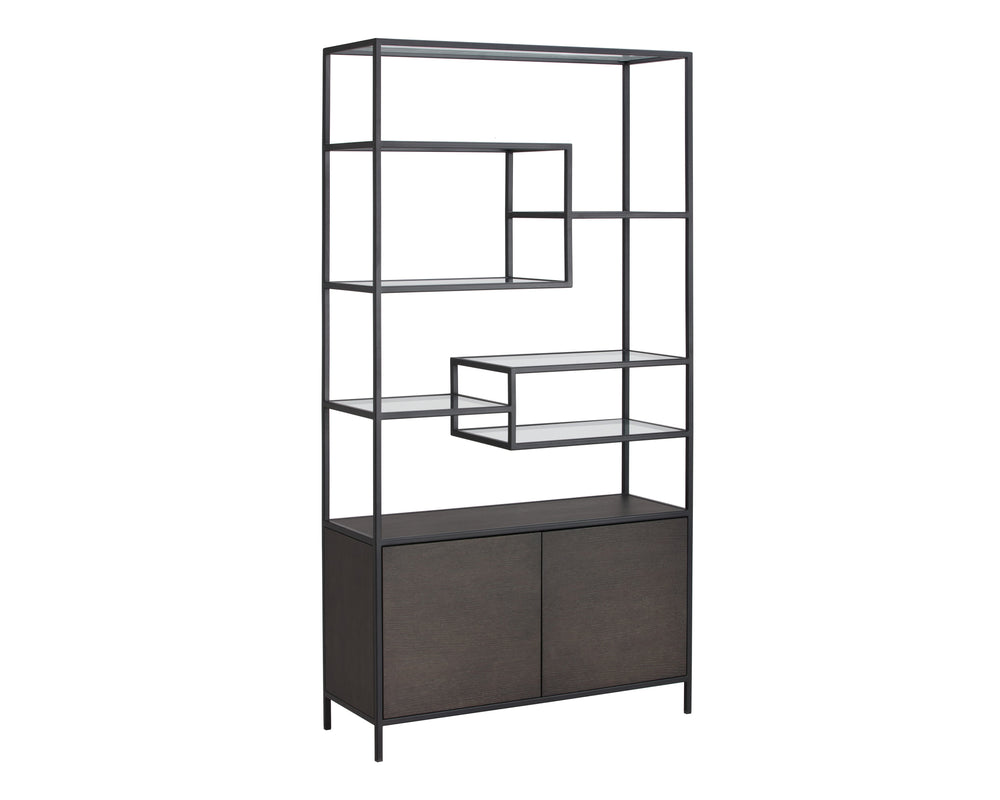 Sunpan Stamos Modern Bookcase with Oak Wood Base, Glass Shelves, and Iron Frame for Stylish Storage Solutions Black / Charcoal Grey