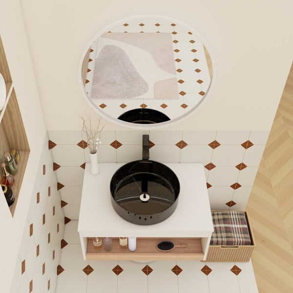 English Elm 30" Floating Wall Mount Bathroom Vanity Open Shelf Ceramic Vessel Sink Modern White White + Light Oak,White+Black W3450S00060
