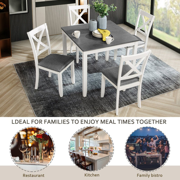 English Elm 5-Piece Modern Dining Set for 4 with Waterproof Wood-Grain Top, X-Back Chairs, Linen Comfort, Stable Frame White+gray W1998S00063