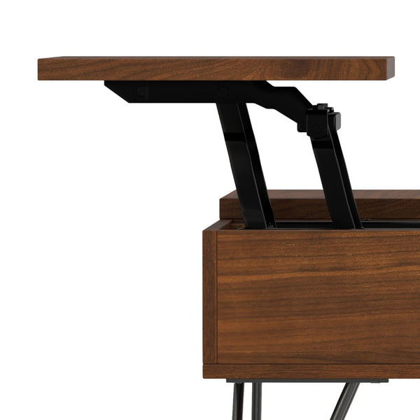 English Elm Hunter Solid Wood Lift Top Square Table with Gold Hairpin Legs and Hidden Storage B136P429092