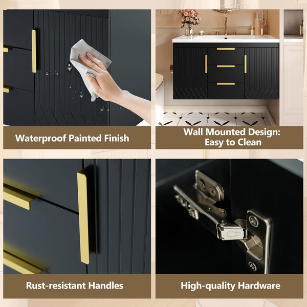 English Elm 36'' Wall Mounted Bathroom Vanity with Sink, Floating MDF Cabinet, 2 Drawers, Rust-Resistant Handles Black N710P253035B