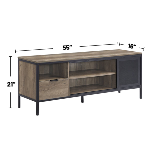 English Elm 55-Inch Rustic Oak TV Stand with Metal Frame, Sliding Door, 1 Drawer & 4 Compartments for Storage B016P317153