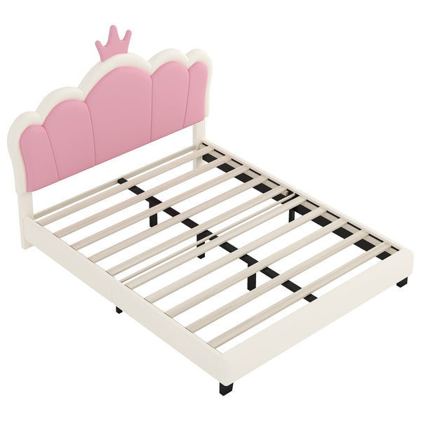 English Elm Full Upholstered Princess Bed with Crown Headboard — Sturdy Full Platform Bed for Girls, 500lb Capacity Cream 58.86 L x 25.98 W x 6.5 H N733P180808K