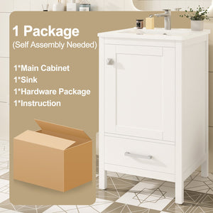 English Elm 20-Inch Compact Bathroom Vanity with Ceramic Sink, Soft-Close Storage, Divider Drawer & Easy Plumbing Access White N729P334847K