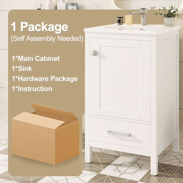 English Elm 20-Inch Compact Bathroom Vanity with Ceramic Sink, Soft-Close Storage, Divider Drawer & Easy Plumbing Access White N729P334847K