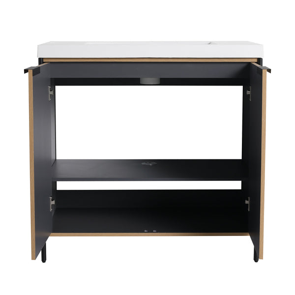English Elm 36" Freestanding Bathroom Vanity with Resin Sink, Soft-Close Doors, Adjustable Shelf & Metal Handles Light Coffee W999S00296