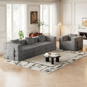 English Elm 4 Seater Corduroy Floor Sofa Bed with Storage Pockets and High Density Foam Fill W3505S00018