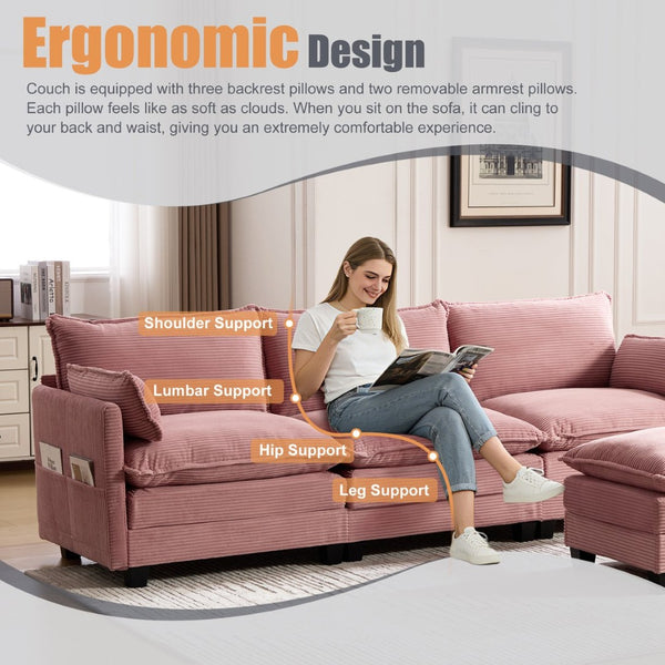 English Elm United We Win Modular Corduroy Sectional with Ottoman Low Profile Living Room Couch Pink W1568S00256