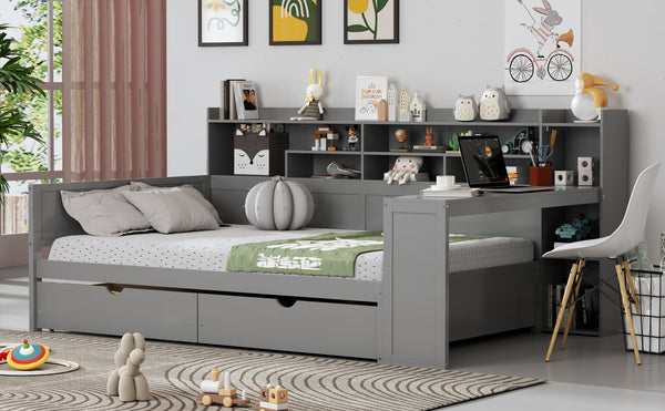 English Elm Wooden Full Size Daybed with Built-In Desk, Side Shelves and Dual Drawers for Organized Living Gray 70 L x 18.6 W x 5.5 H N733S241486E