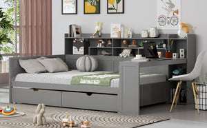 English Elm Wooden Twin Daybed with Trundle Built-in Desk and Open Shelves for Kids Rooms Gray N733S373385E