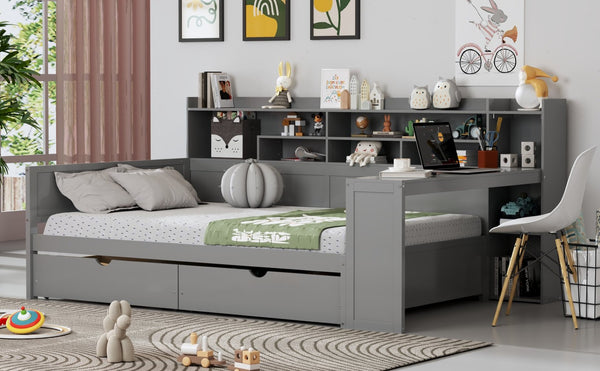 English Elm Wooden Twin Daybed with Trundle Built-in Desk and Open Shelves for Kids Rooms Gray N733S373385E