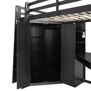 English Elm Twin Loft Bed with Wardrobe Desk Charging Station and Spotlights for Small Rooms Black LT000450AAB