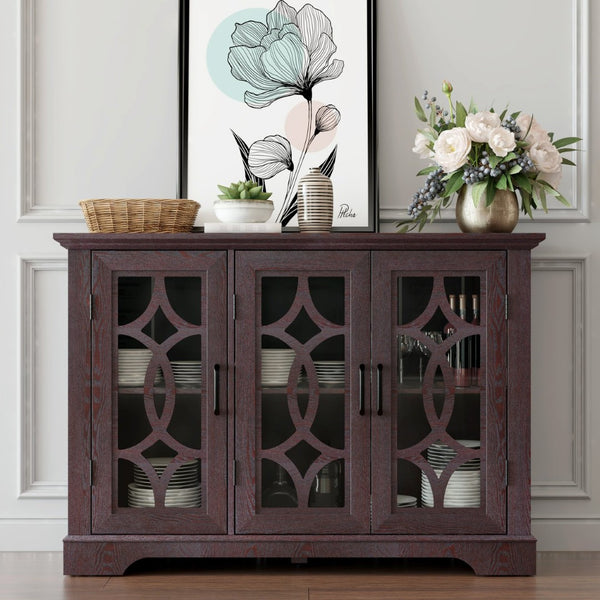 English Elm 48.66" Wide Tempered Glass Door Buffet Sideboard with Adjustable Shelves Dark Finish Ox Blood Red W2899P372746