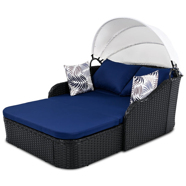 English Elm GO Outdoor Sun Bed with Adjustable Canopy, Durable PE Rattan Double Lounger, Zippered Cushions and Pillows for Easy Care and 500lb Capacity Black+Blue FG201223AAN