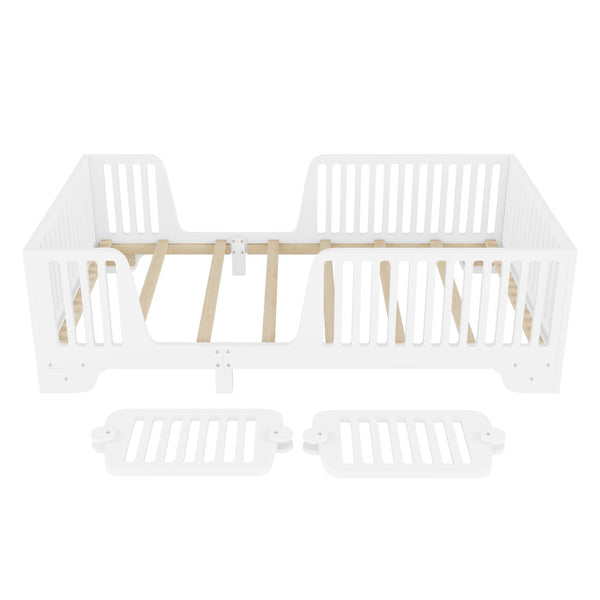 English Elm Twin Montessori Floor Bed with Safety Rails Hinged Door and Plywood Slats for Kids White W2593P381112