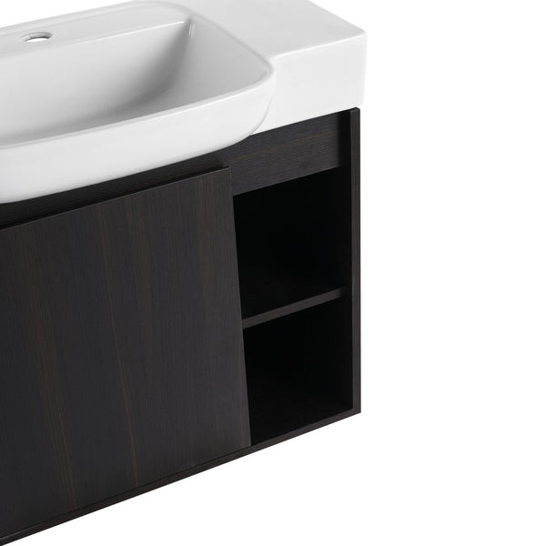 English Elm 28'' Floating Bathroom Vanity with Ceramic Sink Soft Close Door Melamine Cabinet Dark Oak W999P426640