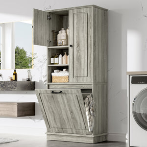 English Elm Tall Storage Cabinet with Flip-Out Basket, Adjustable Shelves & Aluminum Handles for Organized Living Oak N725P322739L