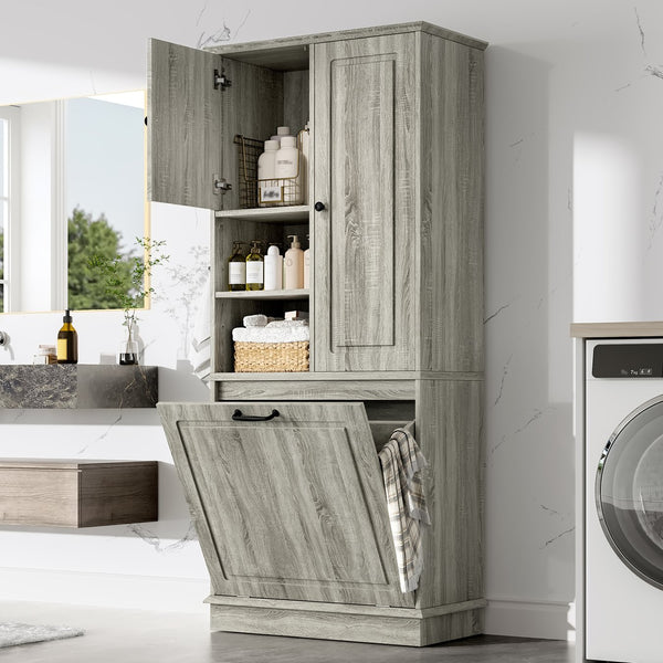 English Elm Tall Storage Cabinet with Flip-Out Basket, Adjustable Shelves & Aluminum Handles for Organized Living Oak N725P322739L