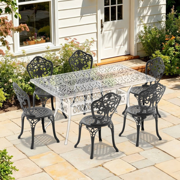 English Elm Cast Aluminum Outdoor Dining Chairs Set of 4 with Carved Petal Geometric Detail W1710S00675