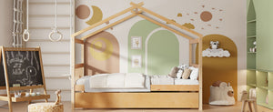 English Elm Twin House Bed Solid Pine Cottage Frame with Pull Out Trundle for Kids Bedroom Natural N708P309238M
