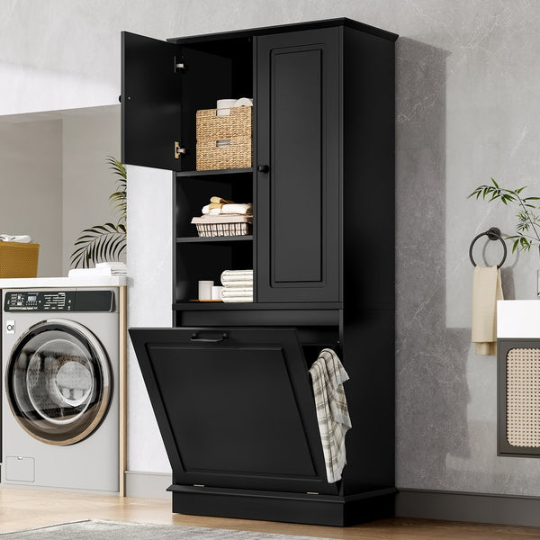 English Elm Tall Storage Cabinet with Flip-Out Basket, Adjustable Shelves & Aluminum Handles for Organized Living Black N725P322739B