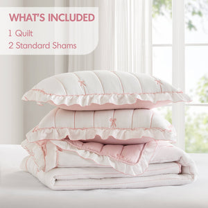 English Elm 3-piece Reversible Microfiber Quilt Set Bow Embroidery Ruffled Trim Romantic Bedroom Pink+White B035P482881