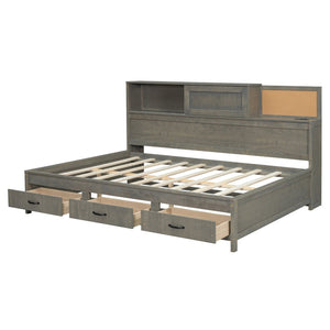 English Elm Full Size Gray Wood Daybed with Storage Drawers Shelf Usb Charging Upholstered Back LP002025AAE-1