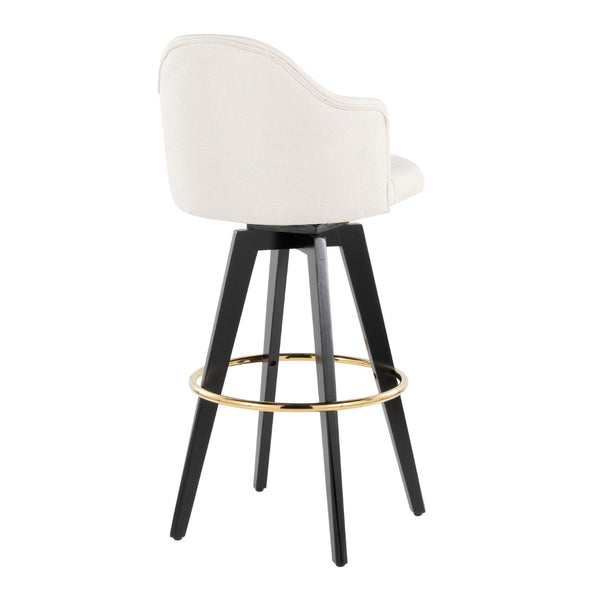English Elm Fixed-height Swivel Barstools with Gold Ring Footrest Cream Upholstery Set of 2 B202S01864