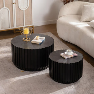 English Elm Set of 2 Fluted Round Nesting Tables Matte Black Solid Wood Living Room Accent W3158P395513