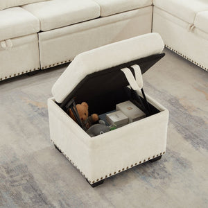 English Elm 97 Inch L-shaped Chenille Sectional Sofa with Sleeper Storage Ottoman 7 Seats Beige W1669S00017