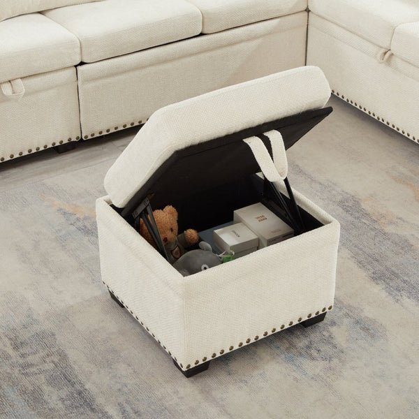 English Elm 97 Inch L-shaped Chenille Sectional Sofa with Sleeper Storage Ottoman 7 Seats Beige W1669S00017